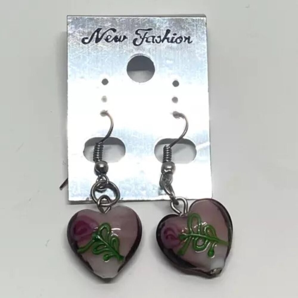 New Fashion Brand Earrings Murano Style Clear Purple Glass Dangle Heart Bead NWT